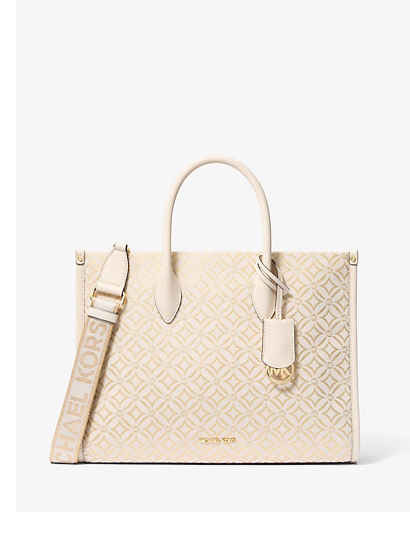 MICHAEL Michael Kors Mirella Medium Metallic Logo Jacquard Tote Bag