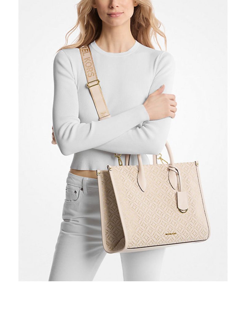 MICHAEL Michael Kors Mirella Medium Metallic Logo Jacquard Tote Bag - Image 3