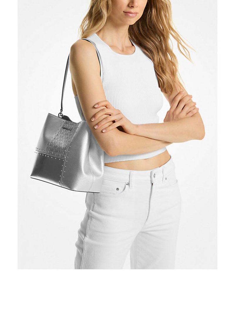 MICHAEL Michael Kors Pratt Medium Studded Metallic Patchwork and Signature Logo Shoulder Bag - Image 3