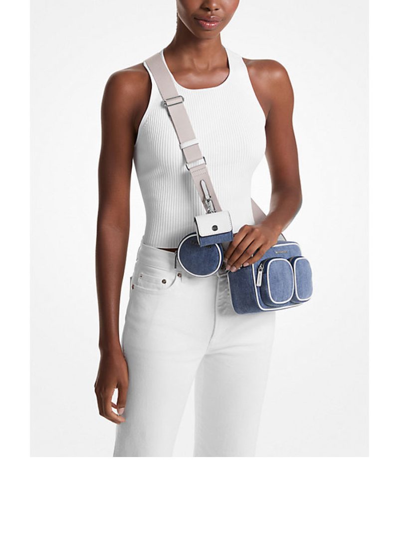 MICHAEL Michael Kors Jet Set Medium Denim Crossbody Bag with Case for Apple Airpods Pro - Image 5
