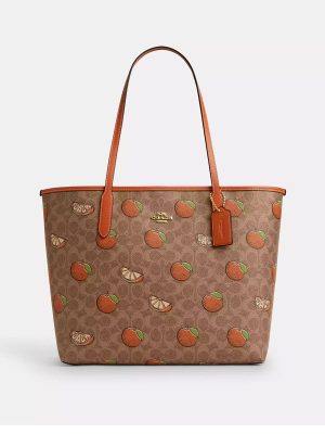 COACH City Tote Bag In Signature Canvas With Orange Print
