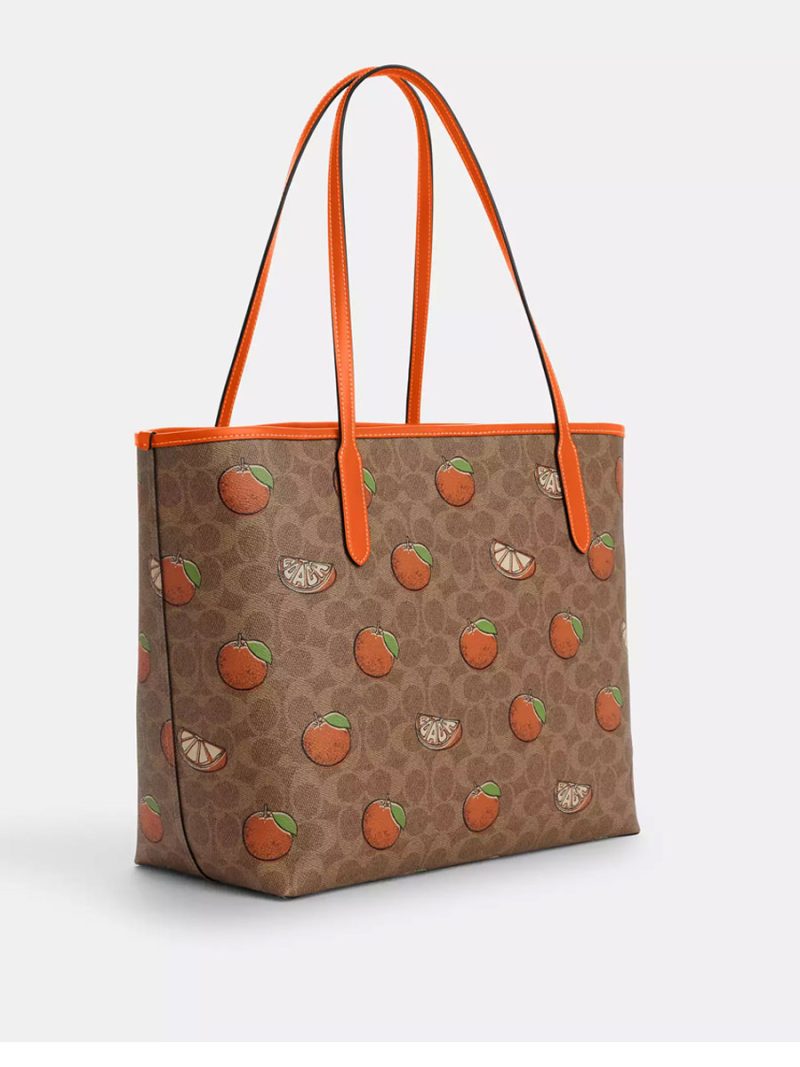 COACH City Tote Bag In Signature Canvas With Orange Print - Image 4