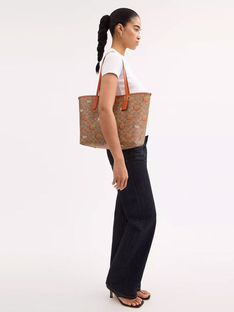 COACH City Tote Bag In Signature Canvas With Orange Print - Image 5