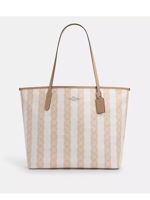 COACH Large City Tote Bag In Signature Canvas With Stripe