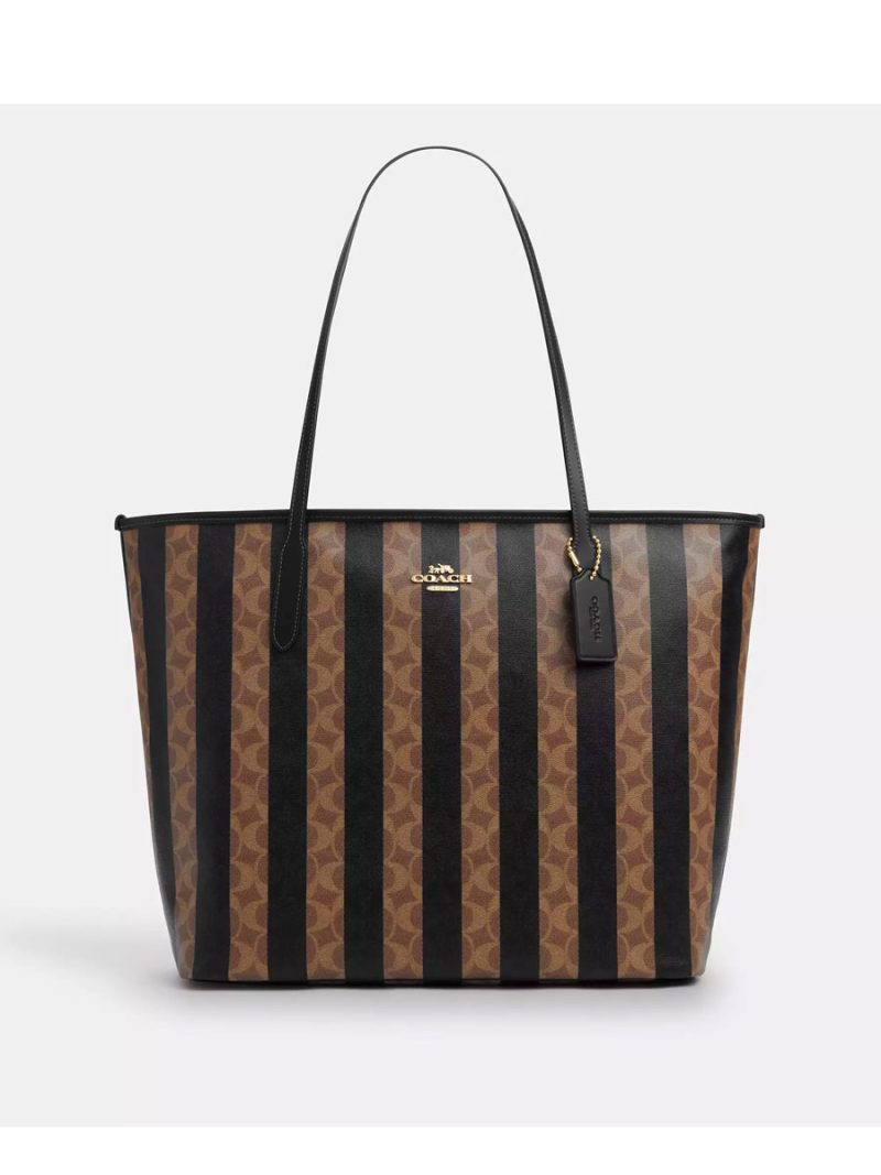 COACH Large City Tote Bag In Signature Canvas With Stripe